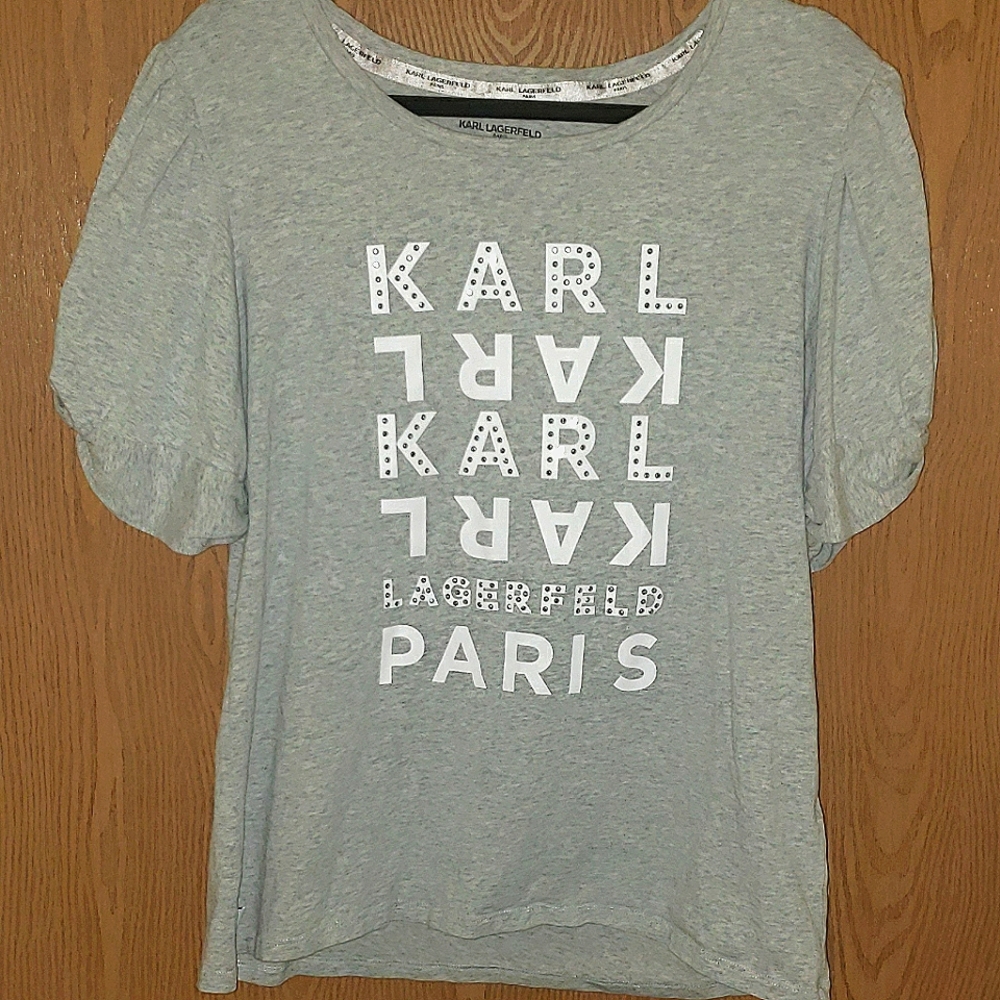 KARL LAGERFELD- Gray Logo Tee with Rhinestones, Size L